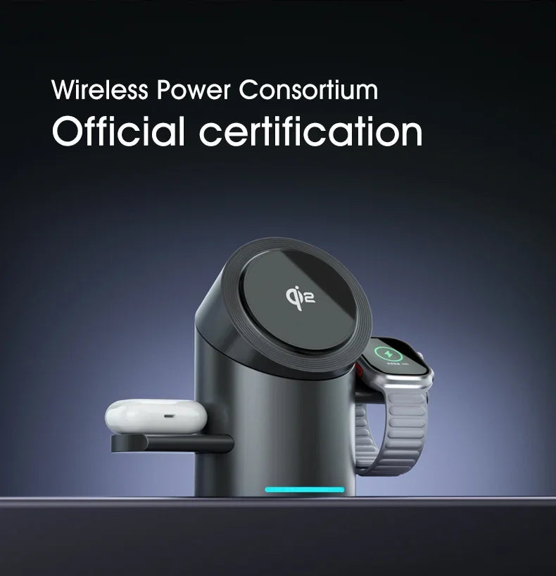 Qi2 3 in 1 Magnetic Wireless Charging Stand with Auto Rotation, Metal Body for IPhone 16 15 14 13 12 & Apple Watch&Airpods