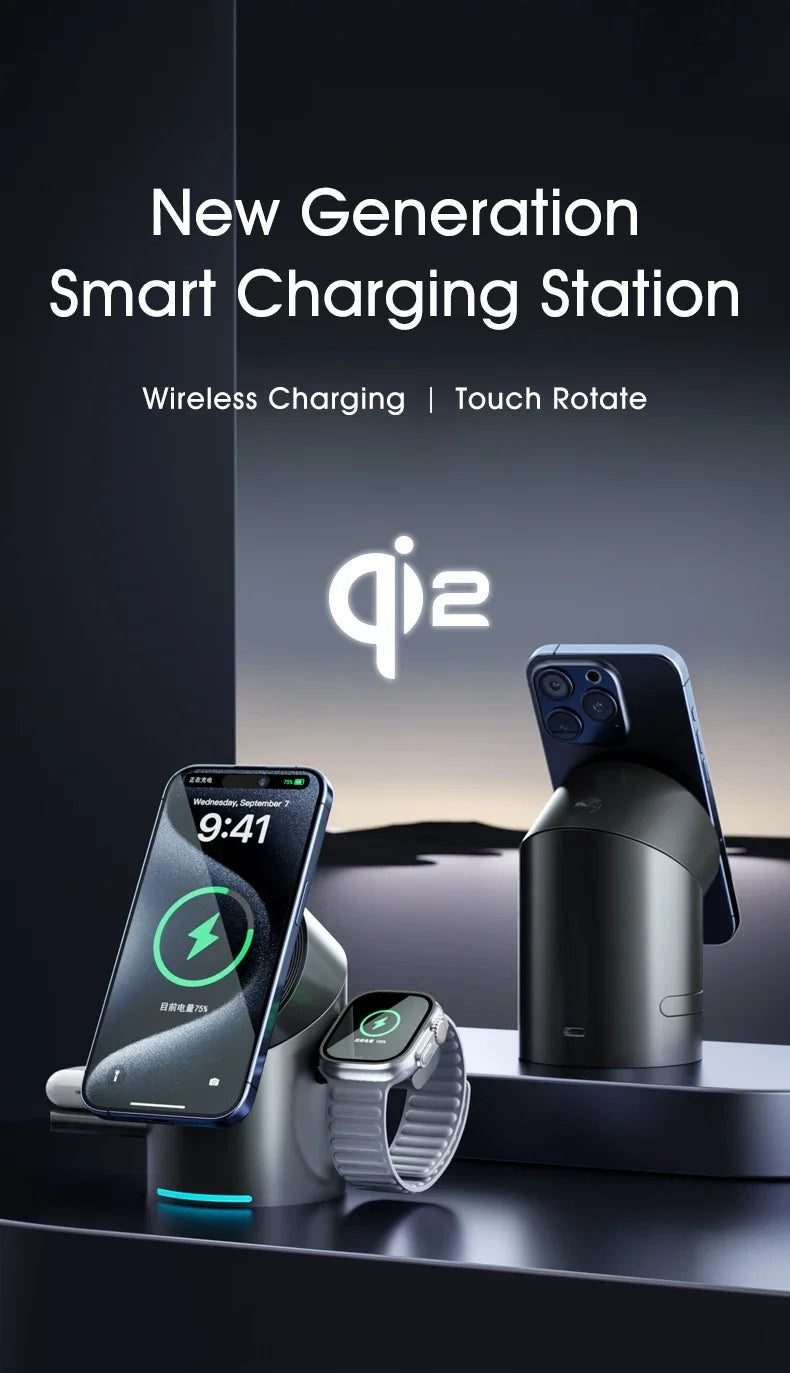 Qi2 3 in 1 Magnetic Wireless Charging Stand with Auto Rotation, Metal Body for IPhone 16 15 14 13 12 & Apple Watch&Airpods
