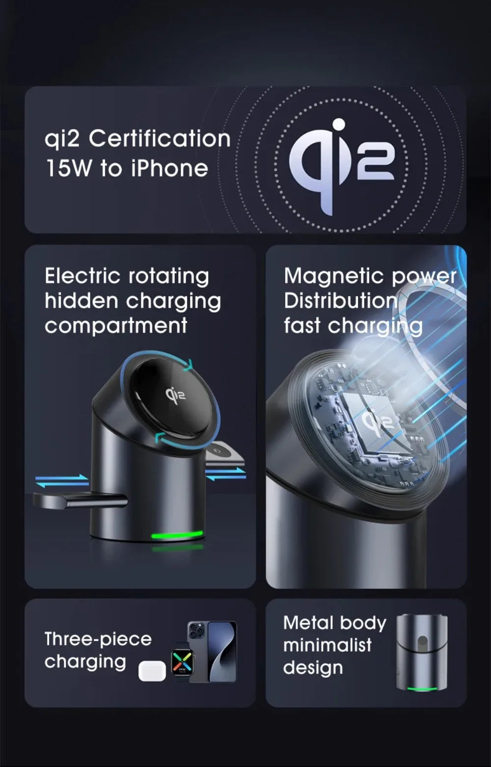 Qi2 3 in 1 15W Wireless Charger Touch Magnetic Roating Fast Charging Base for Iphone 14 16 15 Pro Max Desk Accessories Gifts