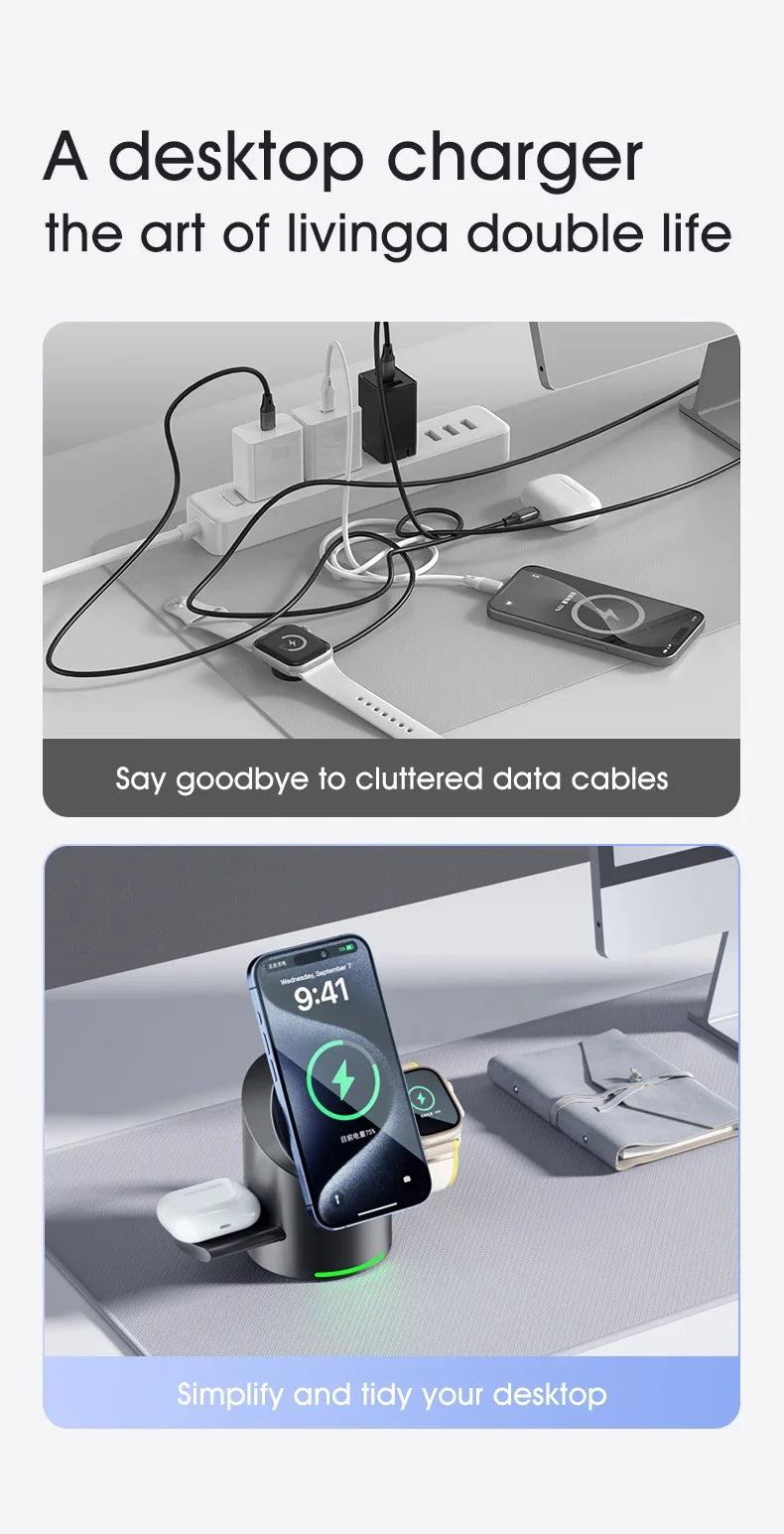 Qi2 3 in 1 Magnetic Wireless Charging Stand with Auto Rotation, Metal Body for IPhone 16 15 14 13 12 & Apple Watch&Airpods