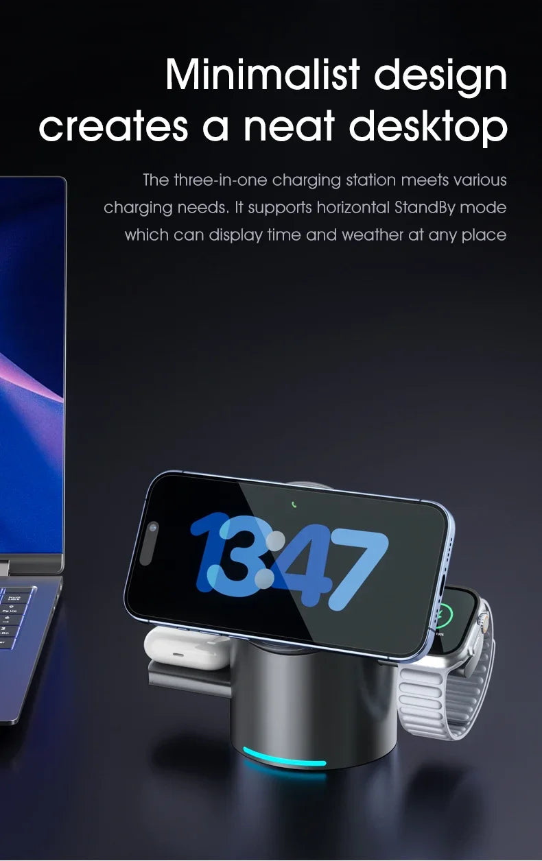 Qi2 3 in 1 Magnetic Wireless Charging Stand with Auto Rotation, Metal Body for IPhone 16 15 14 13 12 & Apple Watch&Airpods