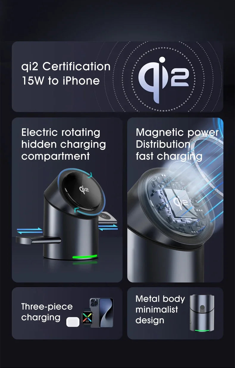 Qi2 3 in 1 Magnetic Wireless Charging Stand with Auto Rotation, Metal Body for IPhone 16 15 14 13 12 & Apple Watch&Airpods
